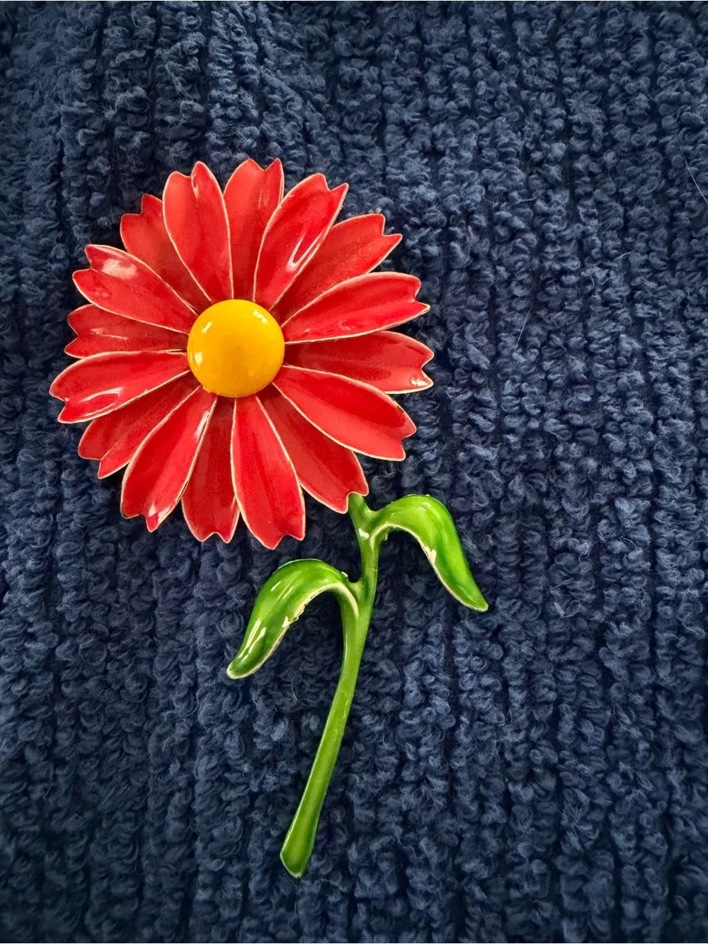 Vintage red and yellow enamel daisy Brooche and clip on earrings set